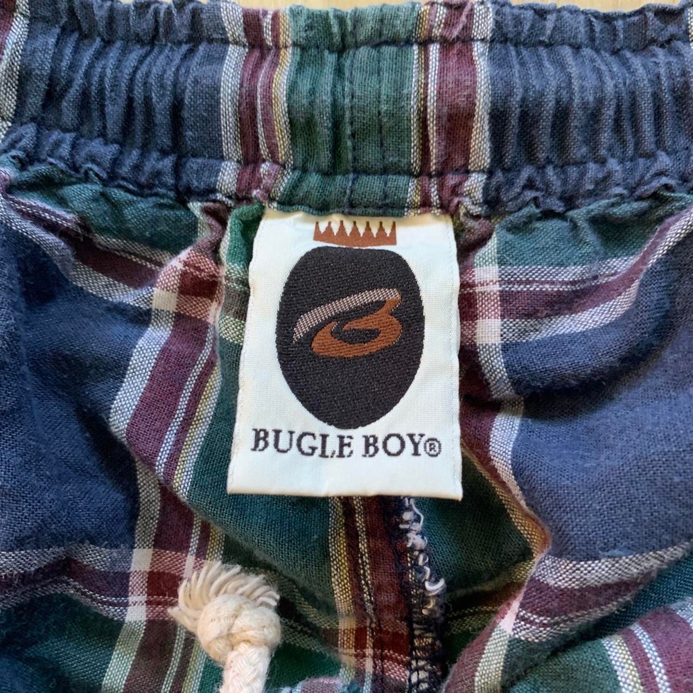 Bugle Boy Vintage 90s Green Plaid Swim Trunks XL Navy Blue Checkered Shorts